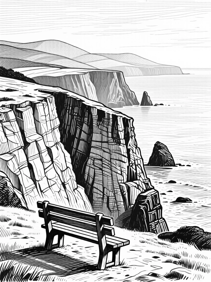 A row of ancient sea cliffs with layers of hills fading into the distance, with a single wooden bench overlooking the view, evoking a timeless and grounding atmosphere in a wide, balanced composition.