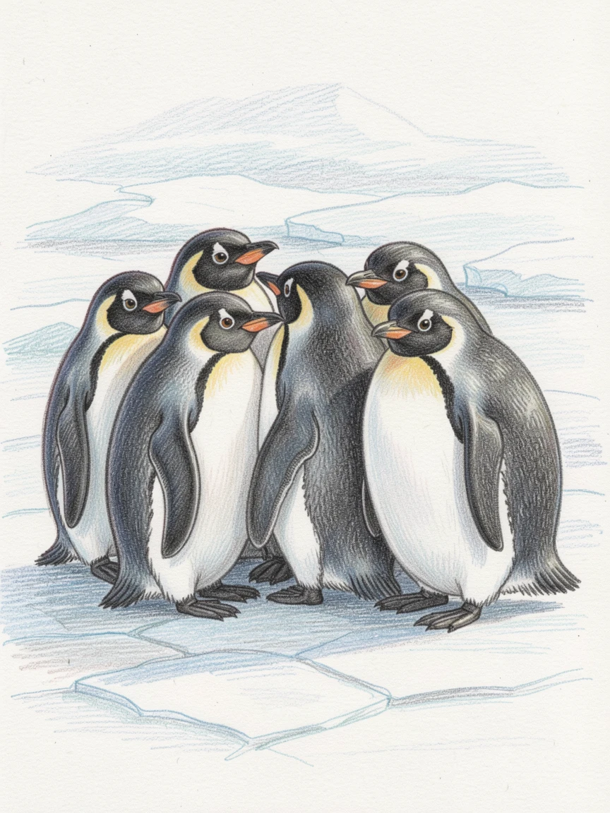A group of penguins huddled together on an icy shore, surrounded by soft natural light and gentle shadows, full of playful curiosity and joy.
