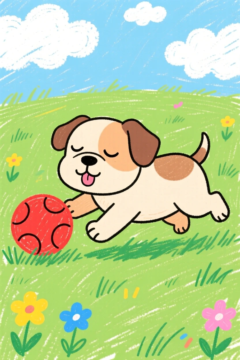 A sleepy bulldog puppy fetching a rubber ball across the lawn.
