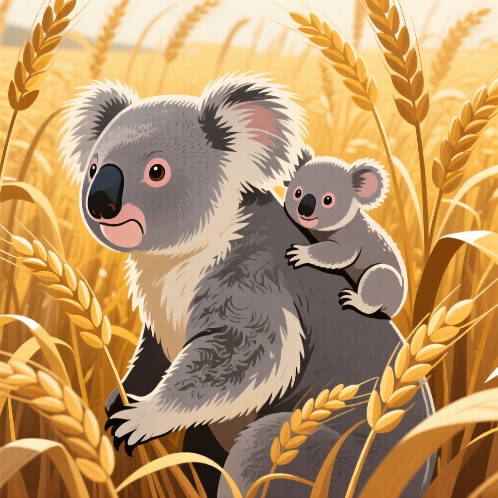 A koala mother carrying her joey on her back, nestled in a field of tall golden wheat, shown in close-up detail highlighting texture and expression, with vivid, richly saturated colors that pop.