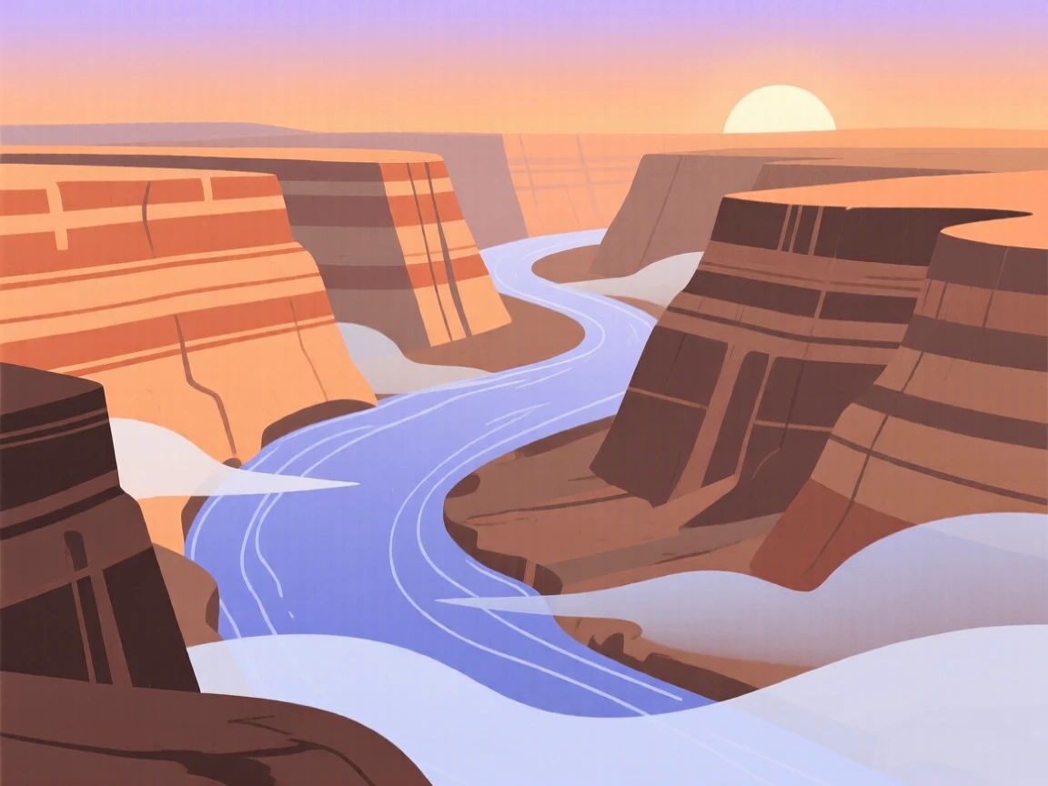A late afternoon view of a winding river canyon, with layers of mist rolling through the valleys below.