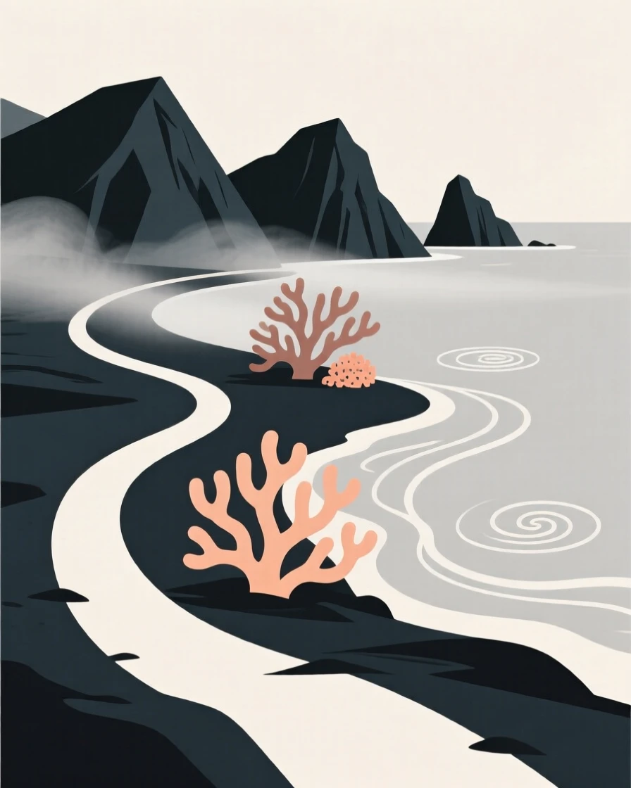 A winding path through a volcanic island shoreline leading toward a coral reef, with curling wisps of mist scattered along the way, radiating quiet wonder.