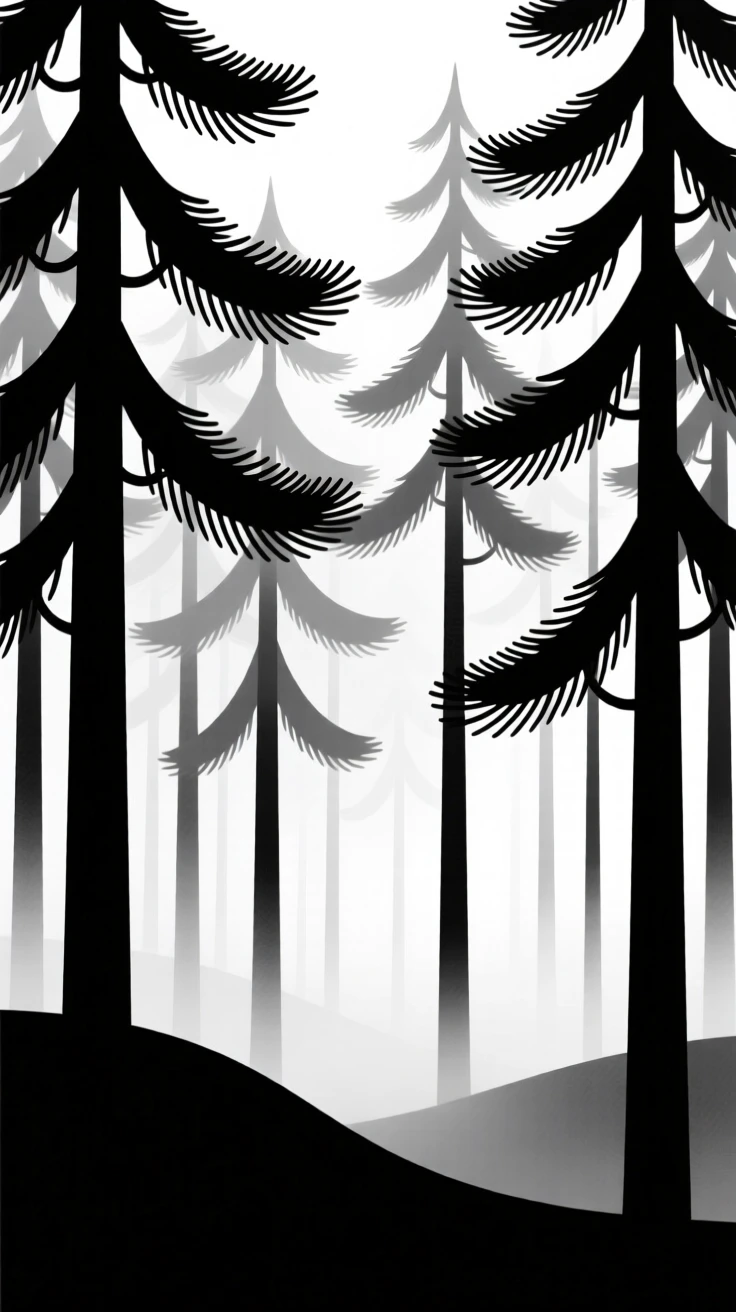 A dense pine forest shrouded in morning mist.