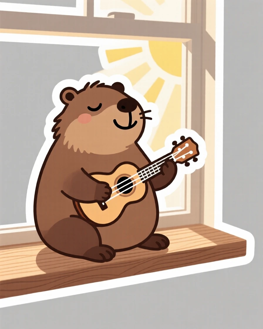 A gentle grinning capybara playing a miniature ukulele, on a windowsill with morning sunlight streaming in.