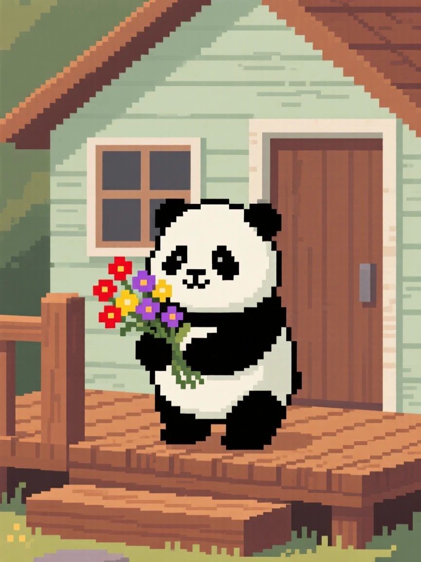 A chubby panda cub carrying a bundle of wildflowers home, on the porch of a tiny cottage.
