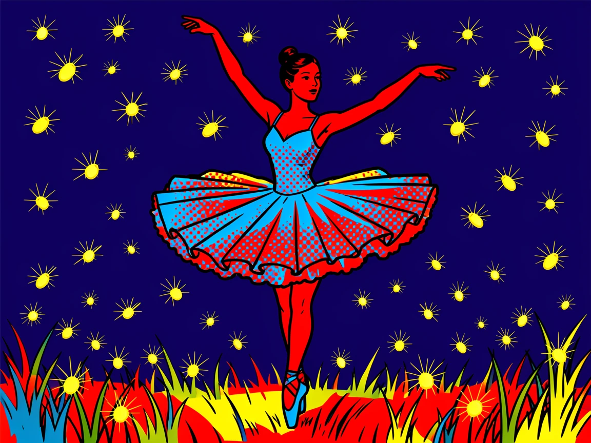 A ballerina twirling in a field of fireflies