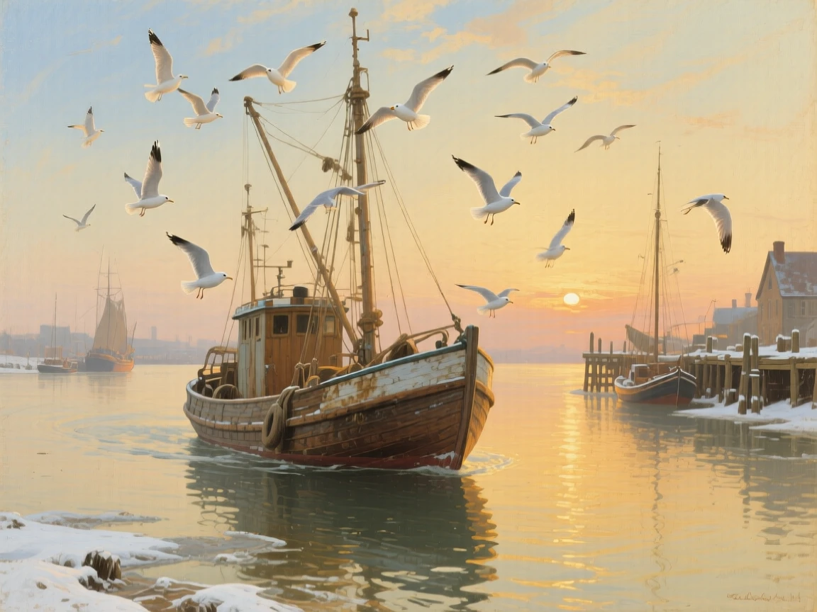 A sweeping wide shot of a fishing boat returning to harbor as gulls circle overhead, at golden hour, in the quiet stillness of midwinter.