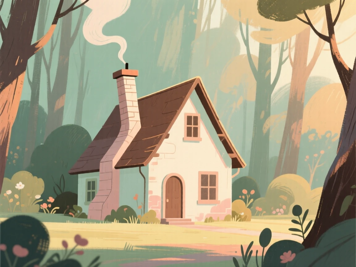 A cottage with a crooked chimney nestled deep in an enchanted forest
