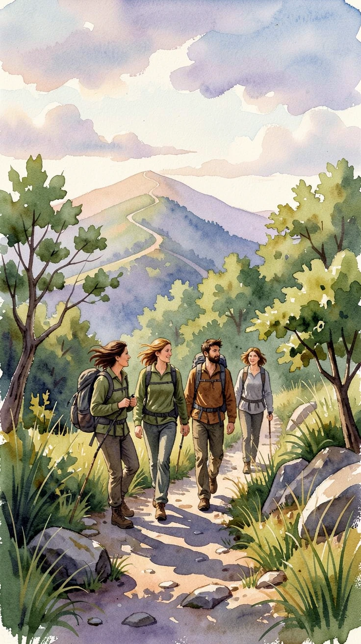 A group of friends hiking up a scenic mountain trail with a gentle breeze and soft afternoon light.