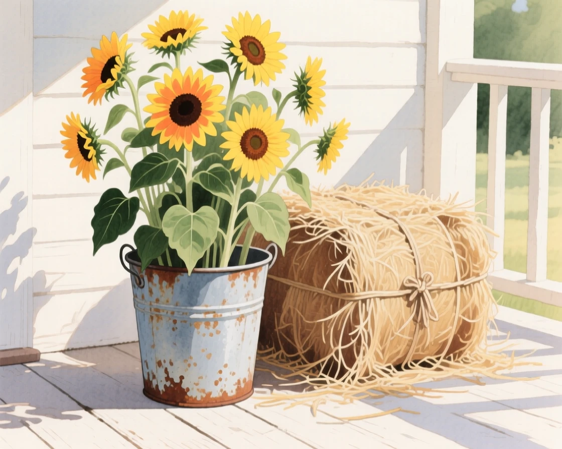 A cluster of sunflowers stands tall in a rustic bucket beside a bale of hay on a summer porch