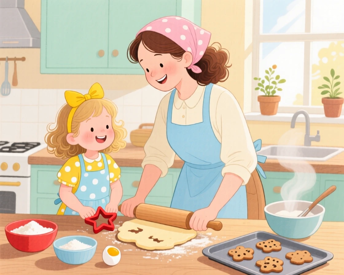 A mother and daughter baking cookies together, full of warmth and laughter.