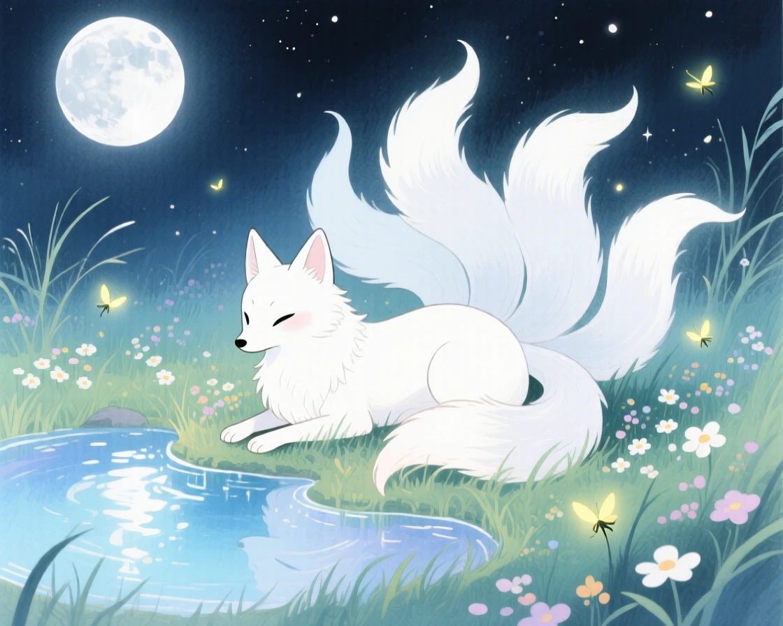 A snow-white kitsune with nine tails resting beside a crystal-clear pond under moonlight, in a moonlit meadow dotted with fireflies, radiating gentle magic and wonder.