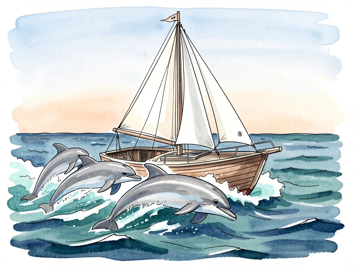A group of dolphins riding the bow wave of a small sailing boat on open water