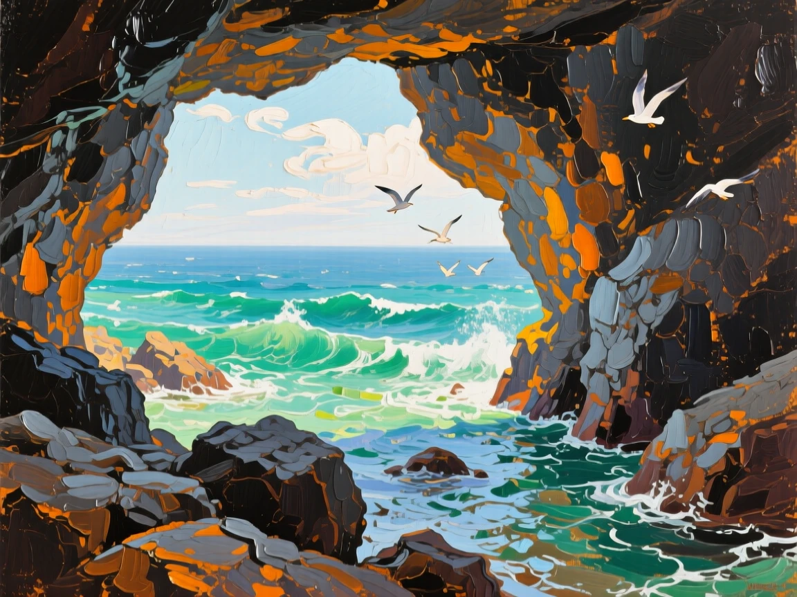 a sea cave opening toward the horizon, on a breezy spring afternoon, with a balanced, spacious view of the surroundings.
