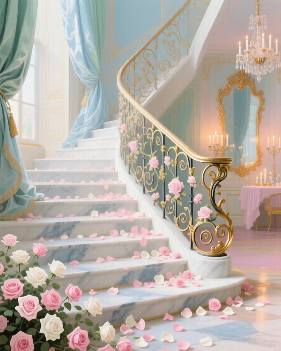 A marble staircase scattered with rose petals after a celebration  