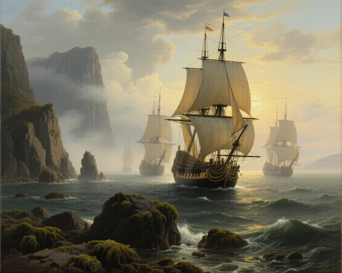 A fleet of warships drifts silently through a rocky coastline in the mist while the wind fills every sail.