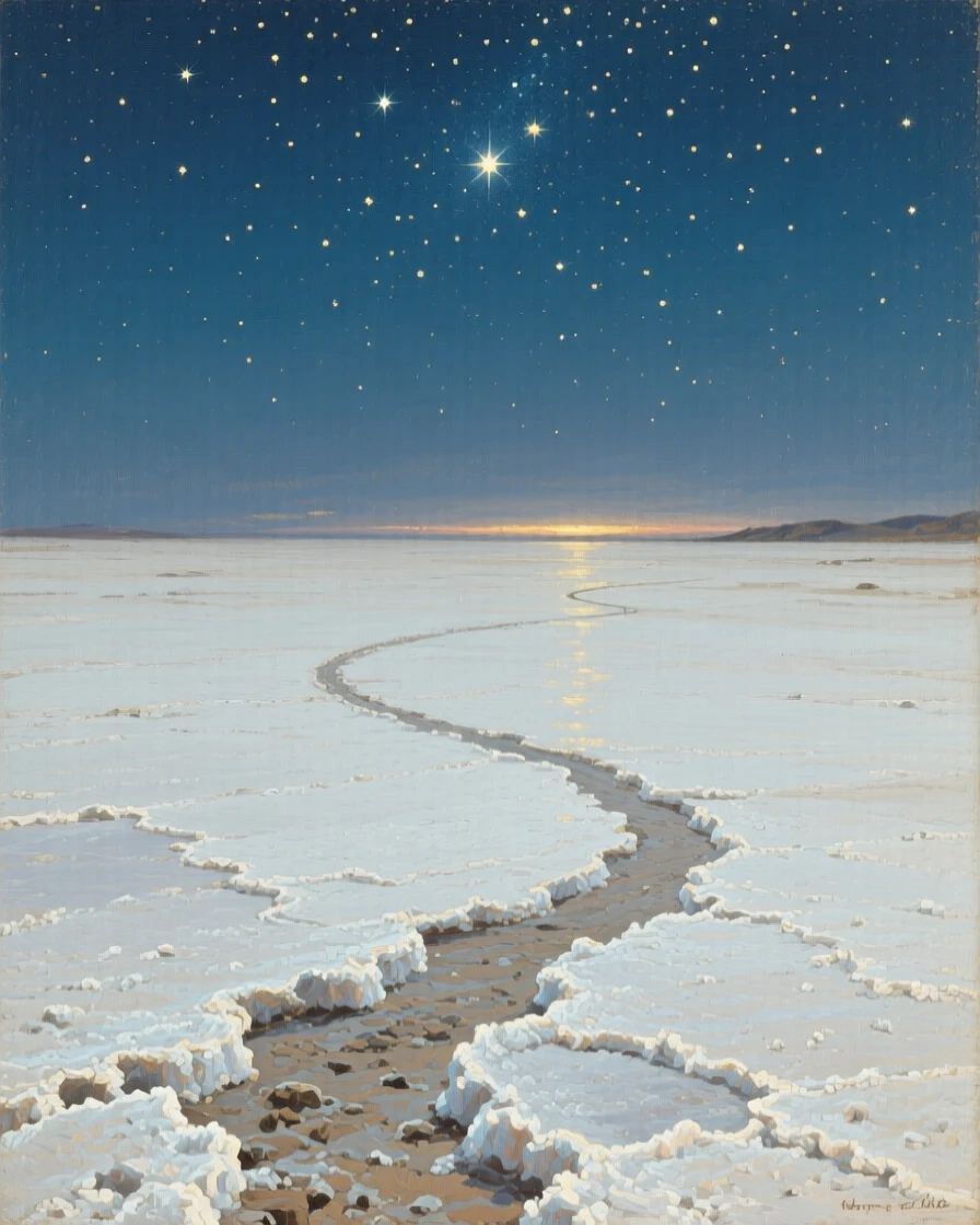 A canopy of stars stretching over a silent salt desert, with a single winding trail leading toward the horizon, showing nature at its most breathtaking and unspoiled