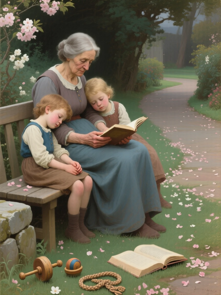 A grandmother reading a bedtime story to two sleepy grandchildren in a small, tender moment that says everything without words, set beside a garden path scattered with fallen blossoms, with toys, ribbons, or a forgotten book scattered nearby; the composition draws the eye naturally to interlocked hands or shared eye contact, suggesting the enduring bonds between generations.