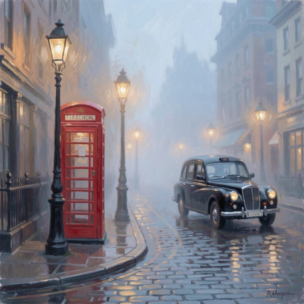 A misty London street at dusk, gas lamps glowing beside a red telephone booth and black cab.