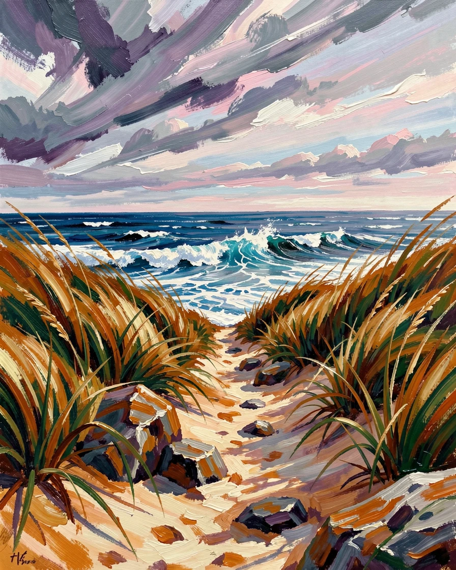 A coastal dune trail leading toward crashing waves under a dramatic cloud-streaked sky.
