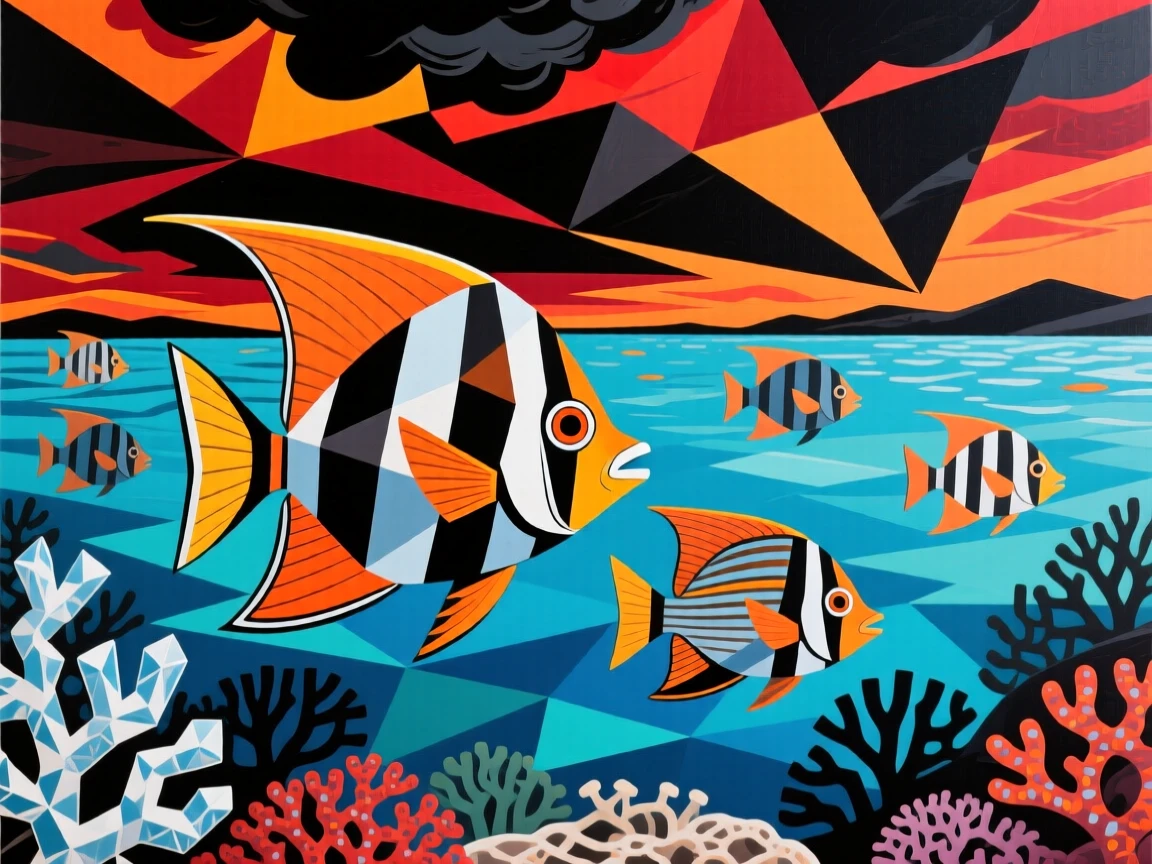 A striking view of a school of tropical fish navigating through a coral-lined lagoon beneath a dramatic sky.