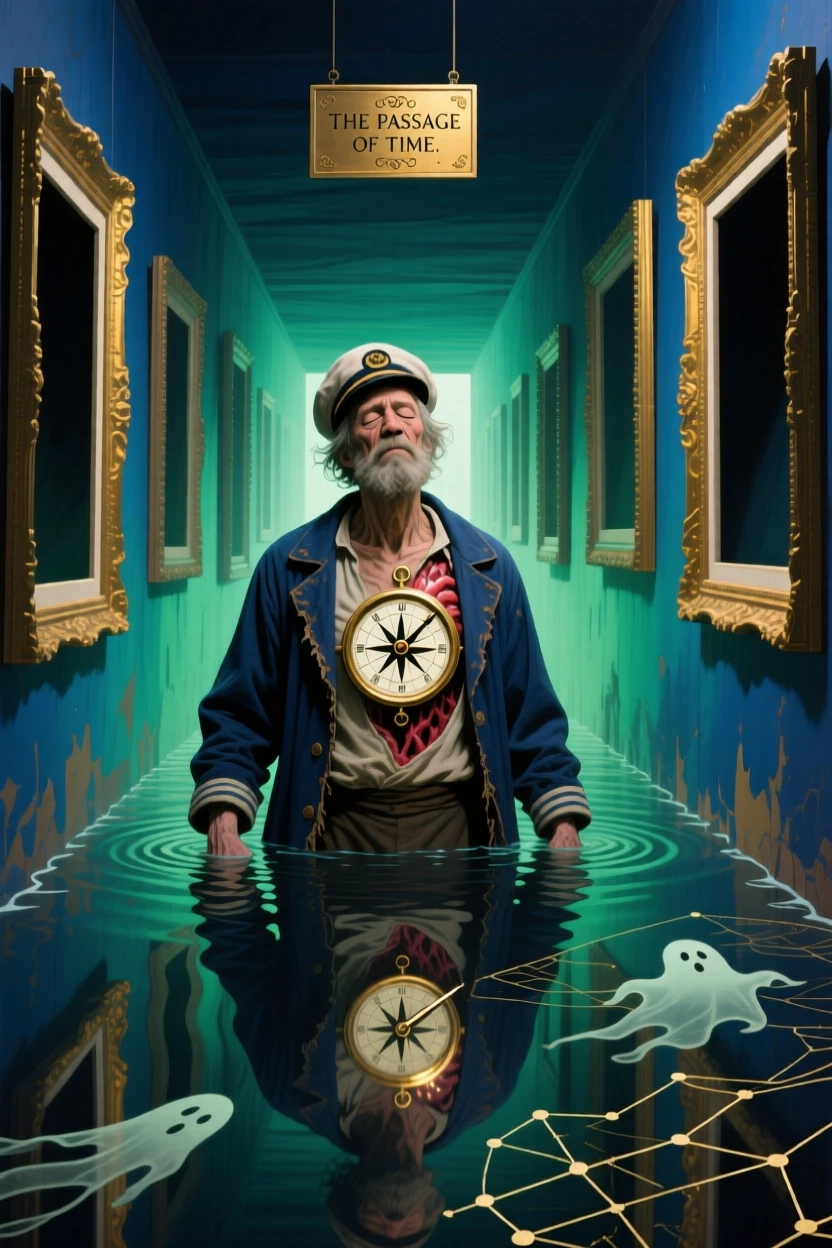 An old sailor with a compass embedded in his open chest drifts through a corridor lined with empty picture frames, as the ground beneath them slowly turns to still water.