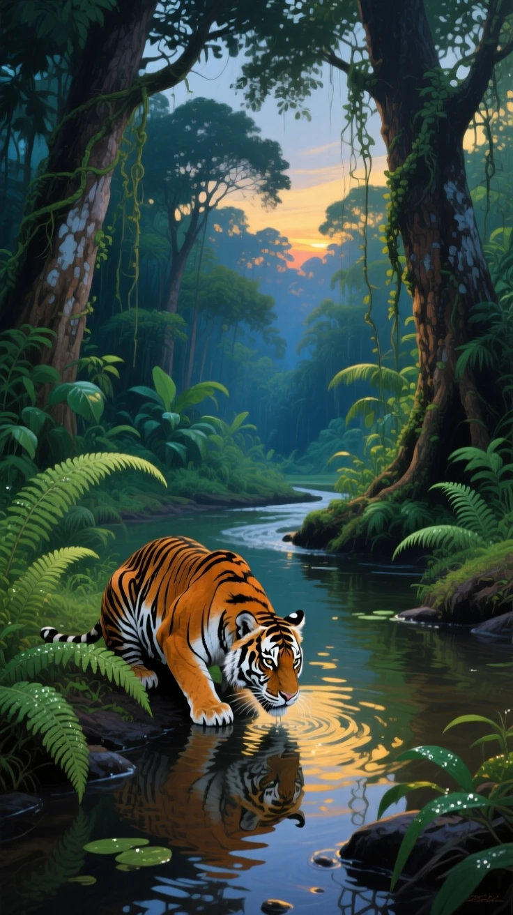 A jungle clearing in Sumatra reveals a Sumatran tiger drinking from a shallow stream, dense ferns and towering trees framing the scene in deep green shadow, the changing light gradually shifting the mood of the landscape from moment to moment.
