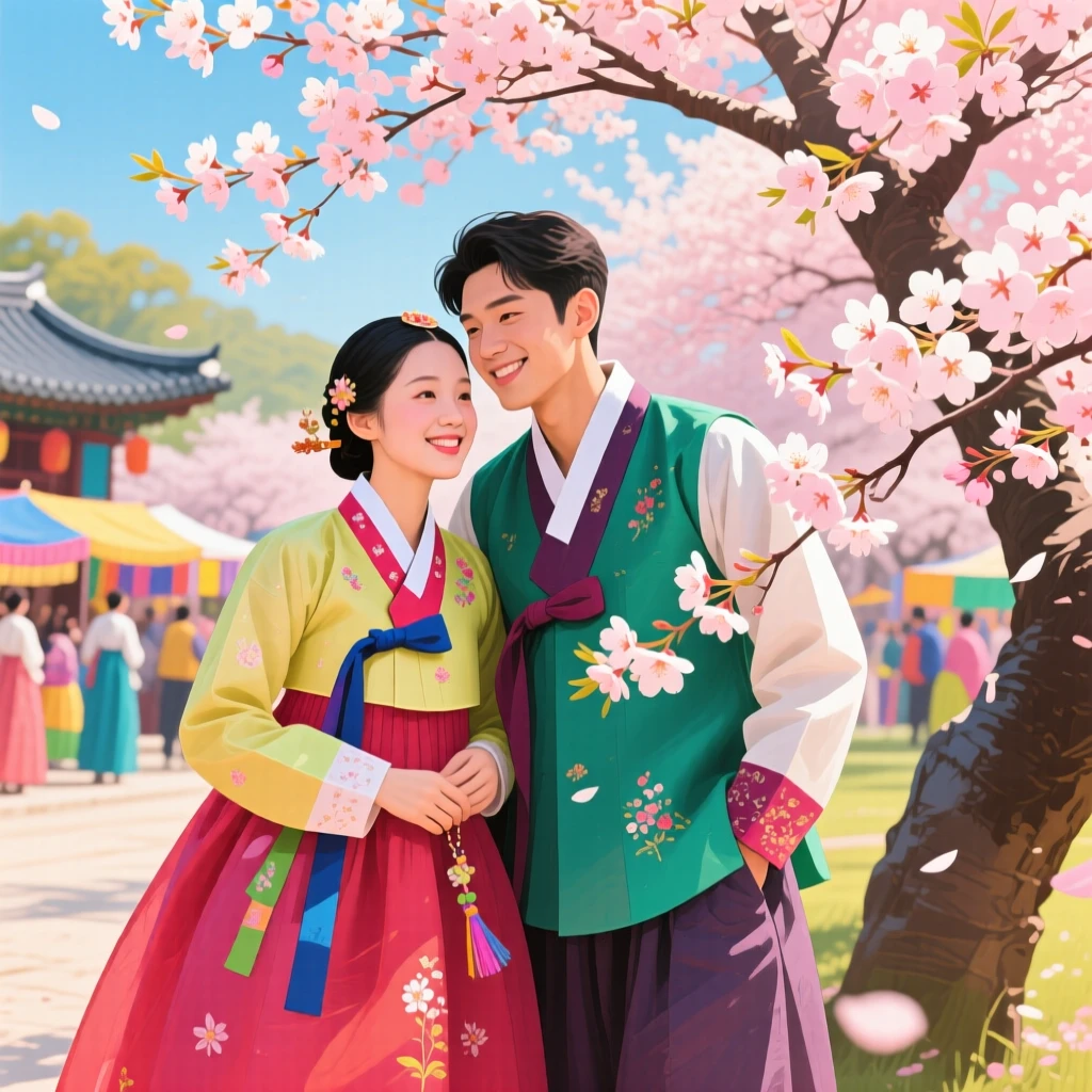 A traditional Korean hanbok-clad couple posing beside blooming cherry blossoms during a spring festival