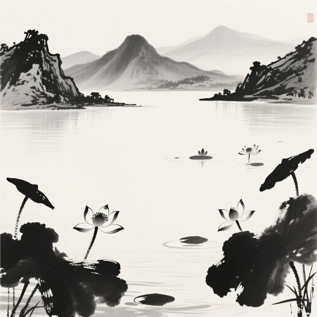 a lake ringed by distant peaks, with lotus blossoms scattered across the water.