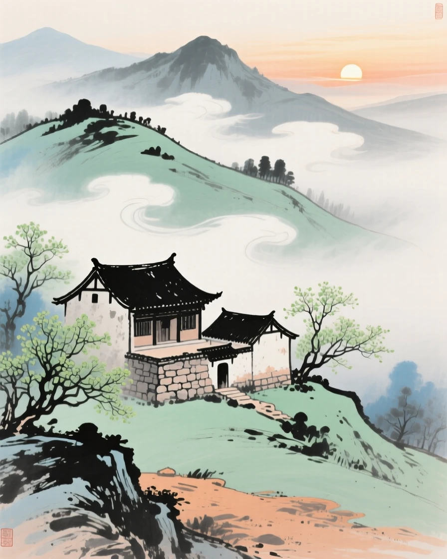 A hillside monastery wrapped in drifting cloud, at dawn, in early spring, suffused with quiet joy.