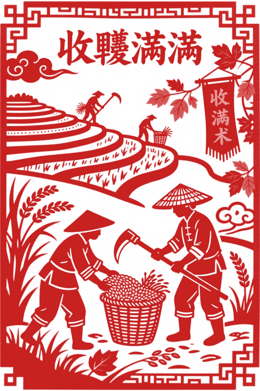 A Autumn scene of a terraced field ready for harvest, farmers gathering the season's bounty.