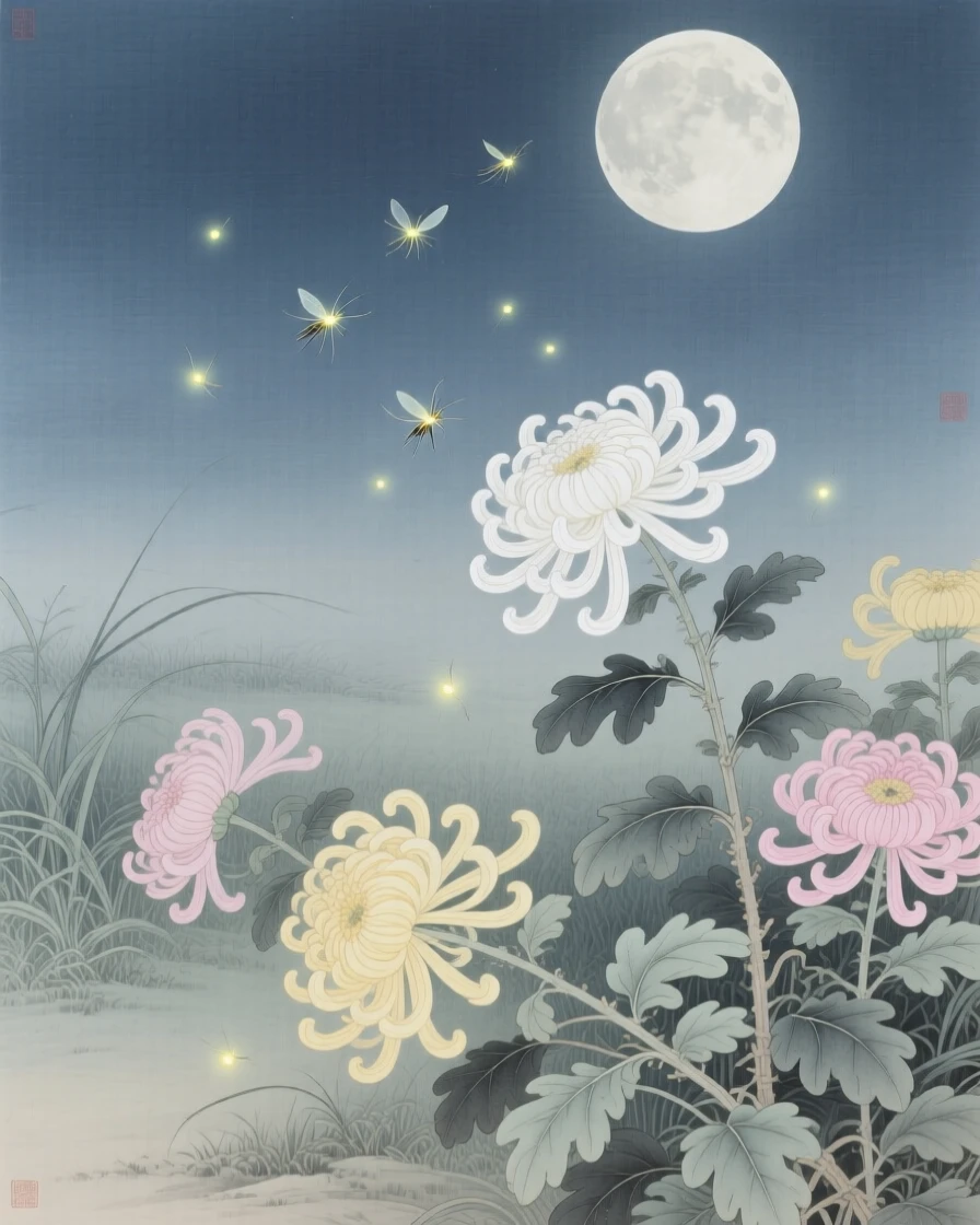 Fireflies dancing above a moonlit meadow, above a garden filled with sleeping chrysanthemums