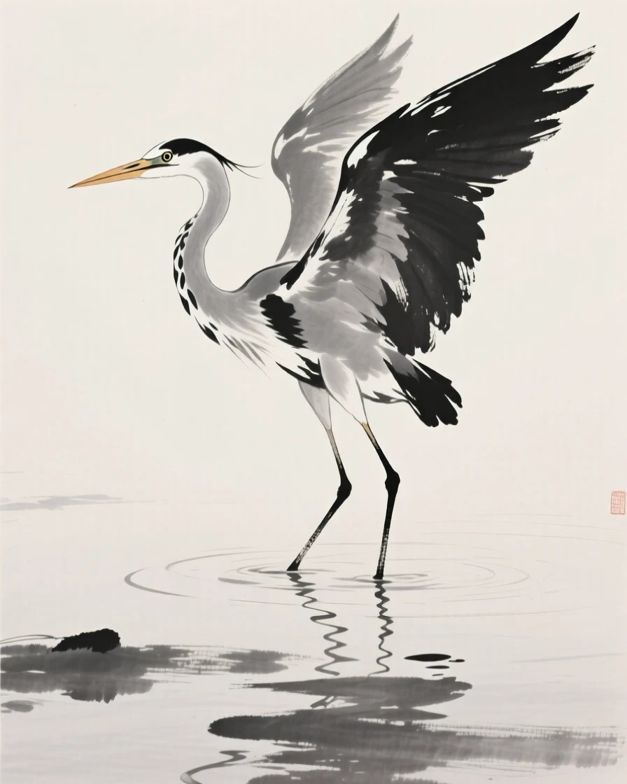 A heron standing motionless in shallow morning water, captured mid-motion with wings outstretched, conveying serenity and effortless movement.