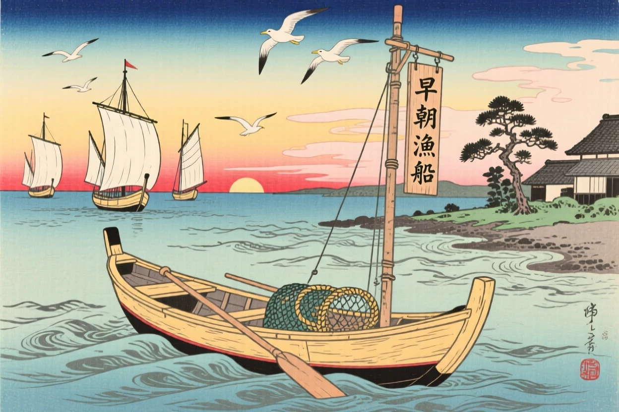 A small wooden fishing boat with distant sails on the horizon, at sunrise.