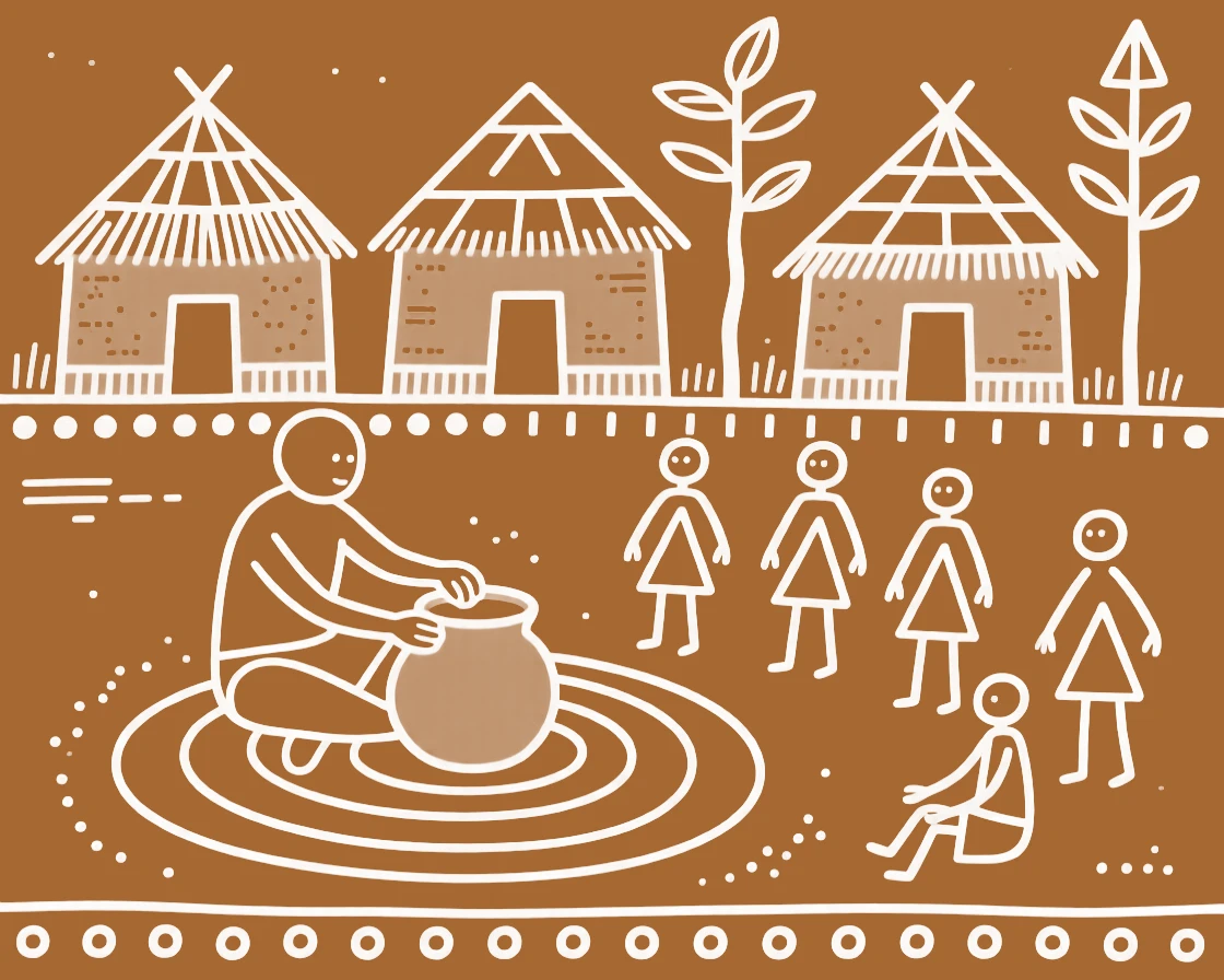 A potter at his wheel gathering for an evening meeting outside a cluster of mud huts.