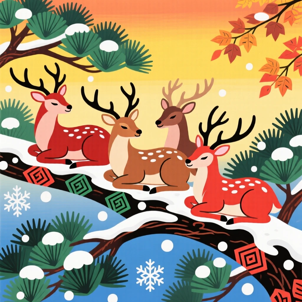 A herd of elk resting on a snow-covered pine branch, on a crisp autumn morning.