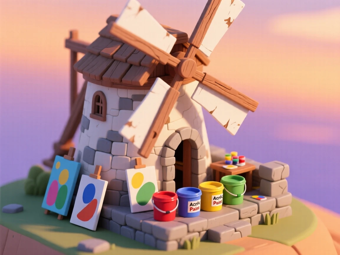 A restored windmill turned artist's studio, with canvases leaning against the stone walls, paint buckets on the ledge, and sails slowly turning against a sunset sky.