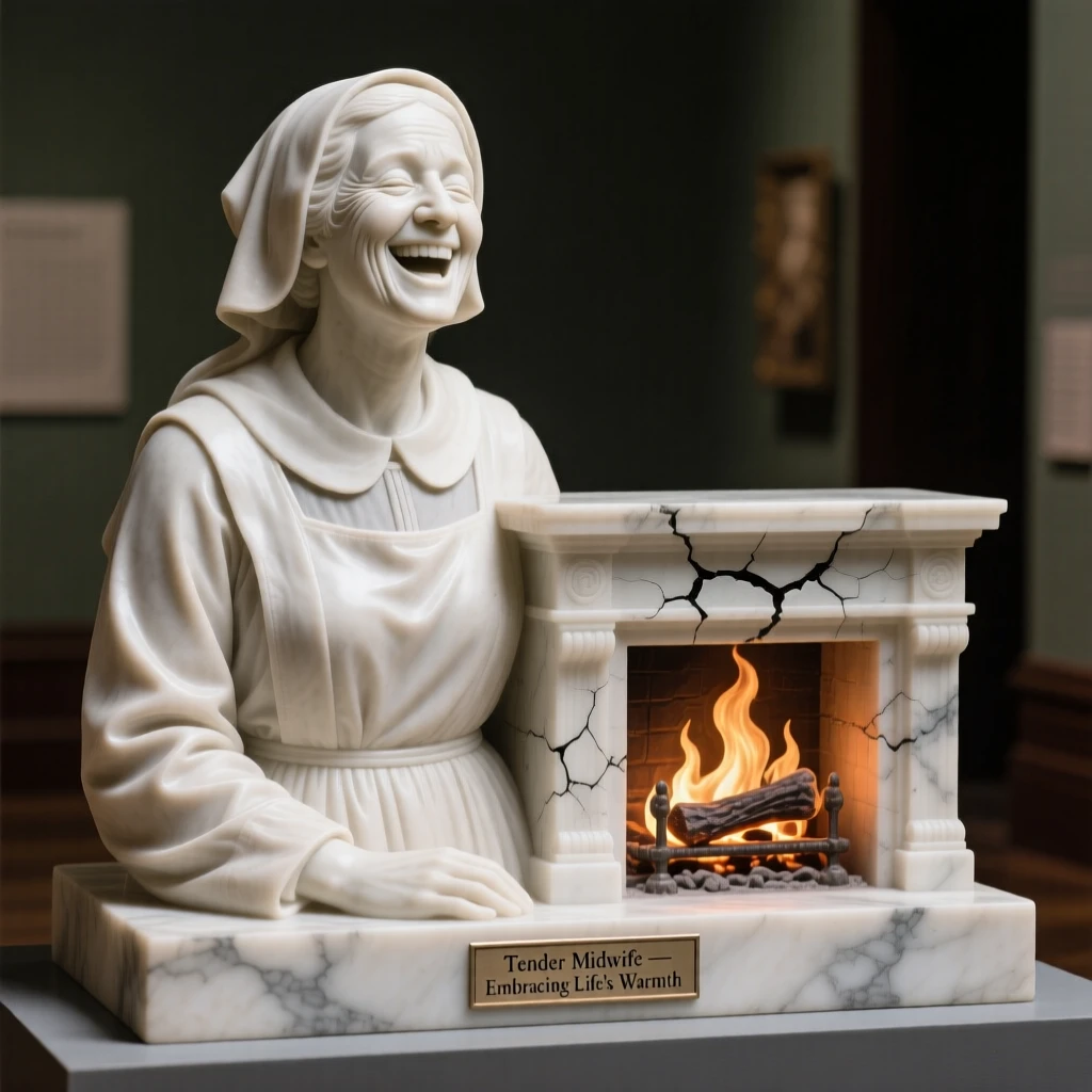 A tender portrait of a gentle midwife, caught mid-laugh with eyes closed, beside a crackling fireplace, evoking warmth and humanity