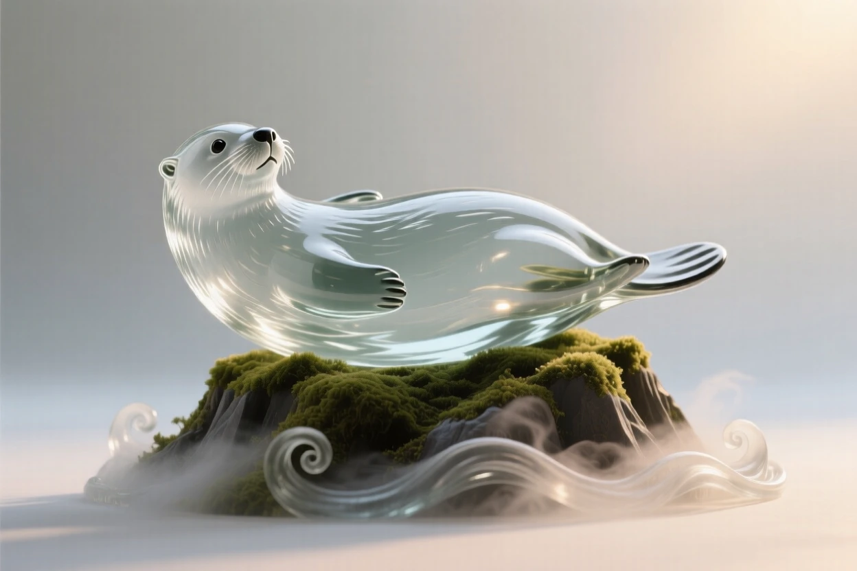 A sea otter floating on its back standing alert on a moss-covered ridge at first light, mist curling around its paws, the scene calm and quietly majestic.