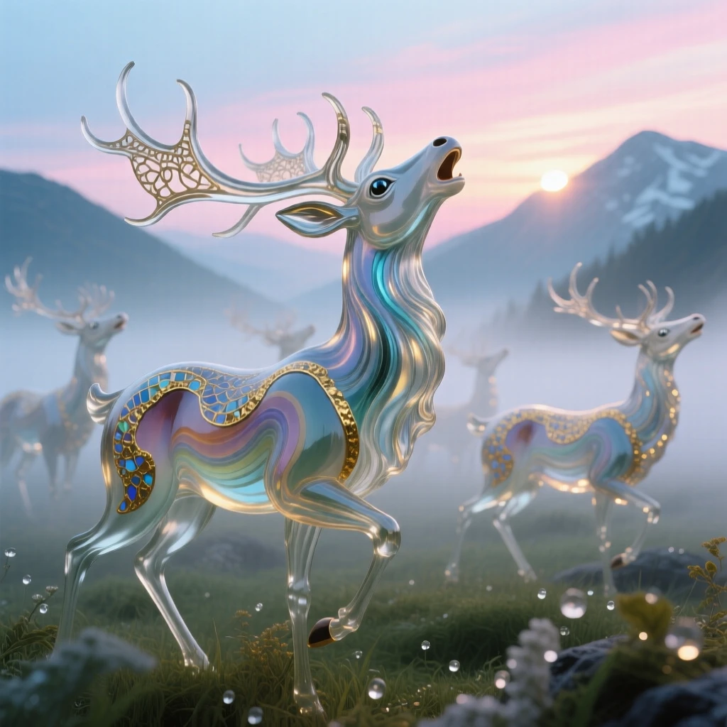 A herd of elk bugling in a misty mountain meadow at dawn, primal and majestic.