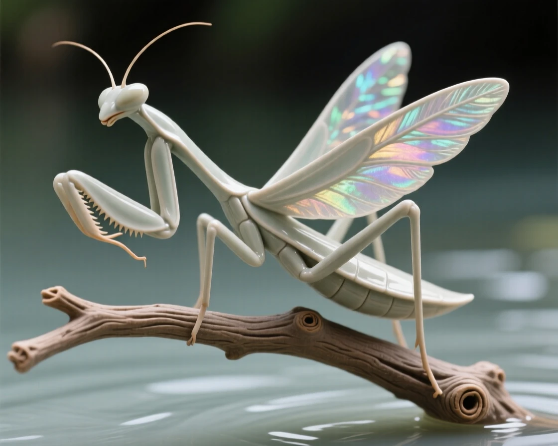 A praying mantis poised on a twig caught gliding low over calm water, with iridescent feathers catching the light, conveying effortless elegance in motion.