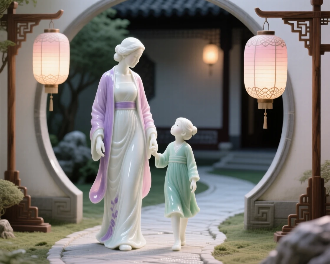 A tender scene of a mother and daughter walking hand in hand along a path in a lantern-lit courtyard, her expression calm and thoughtful.