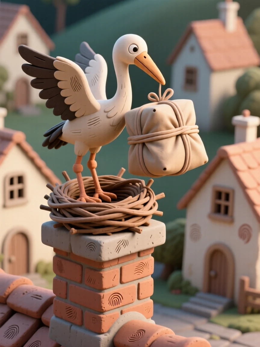 A stork delivering a bundle to a chimney-top nest above a village