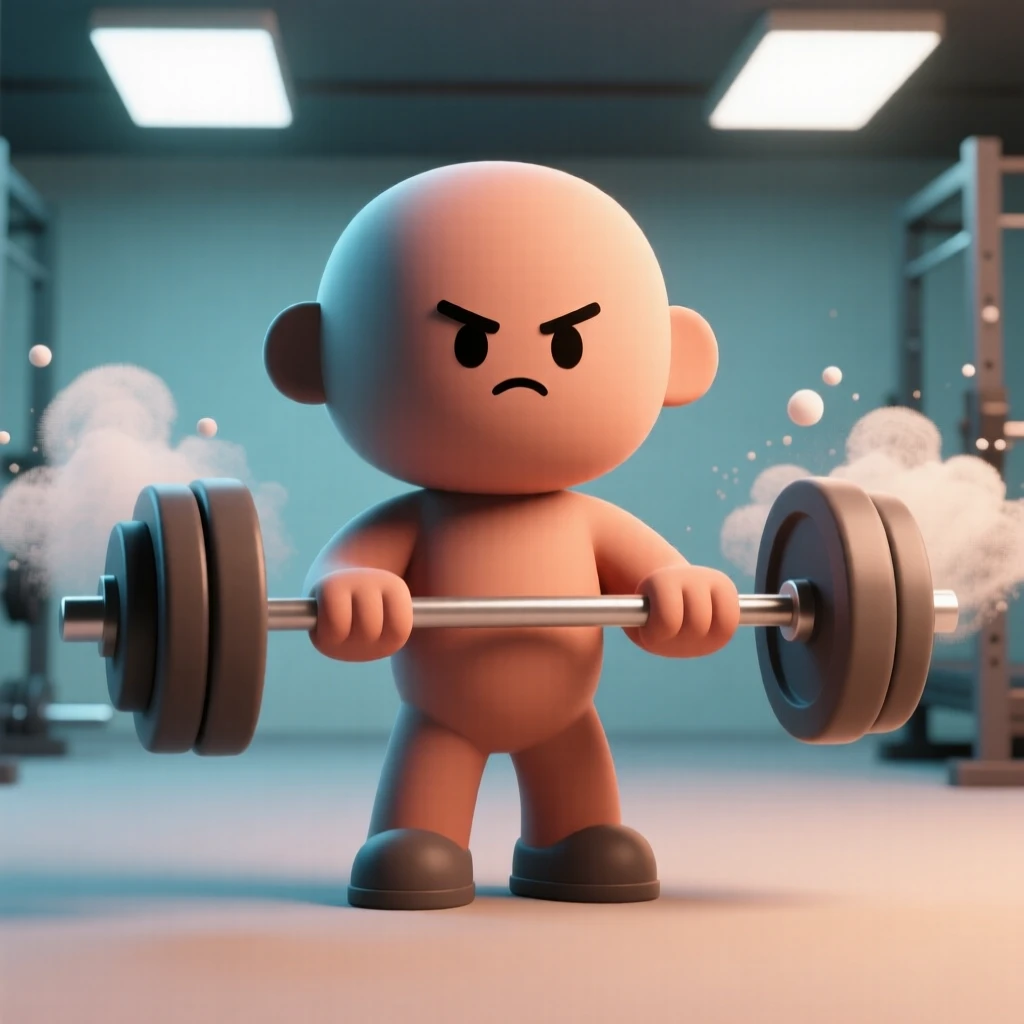 A determined weightlifter grips a loaded barbell, chalk dust puffing into the air beneath bright gym lights.