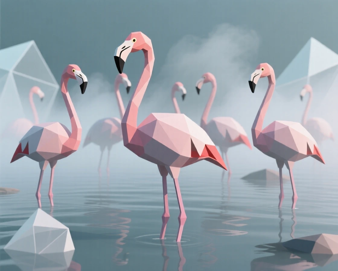A flock of flamingos standing in shallow water, surrounded by drifting mist. delicate detail is visible in the fur and eyes. The scene radiates quiet strength.