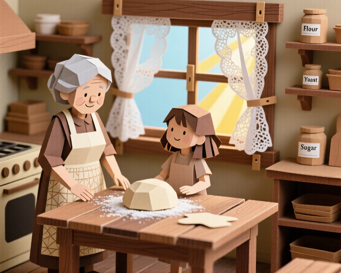 A grandmother teaching her granddaughter to bake bread in a warm rustic kitchen, flour dusting their hands, morning light streaming through a lace-curtained window, evoking generational love and tradition.