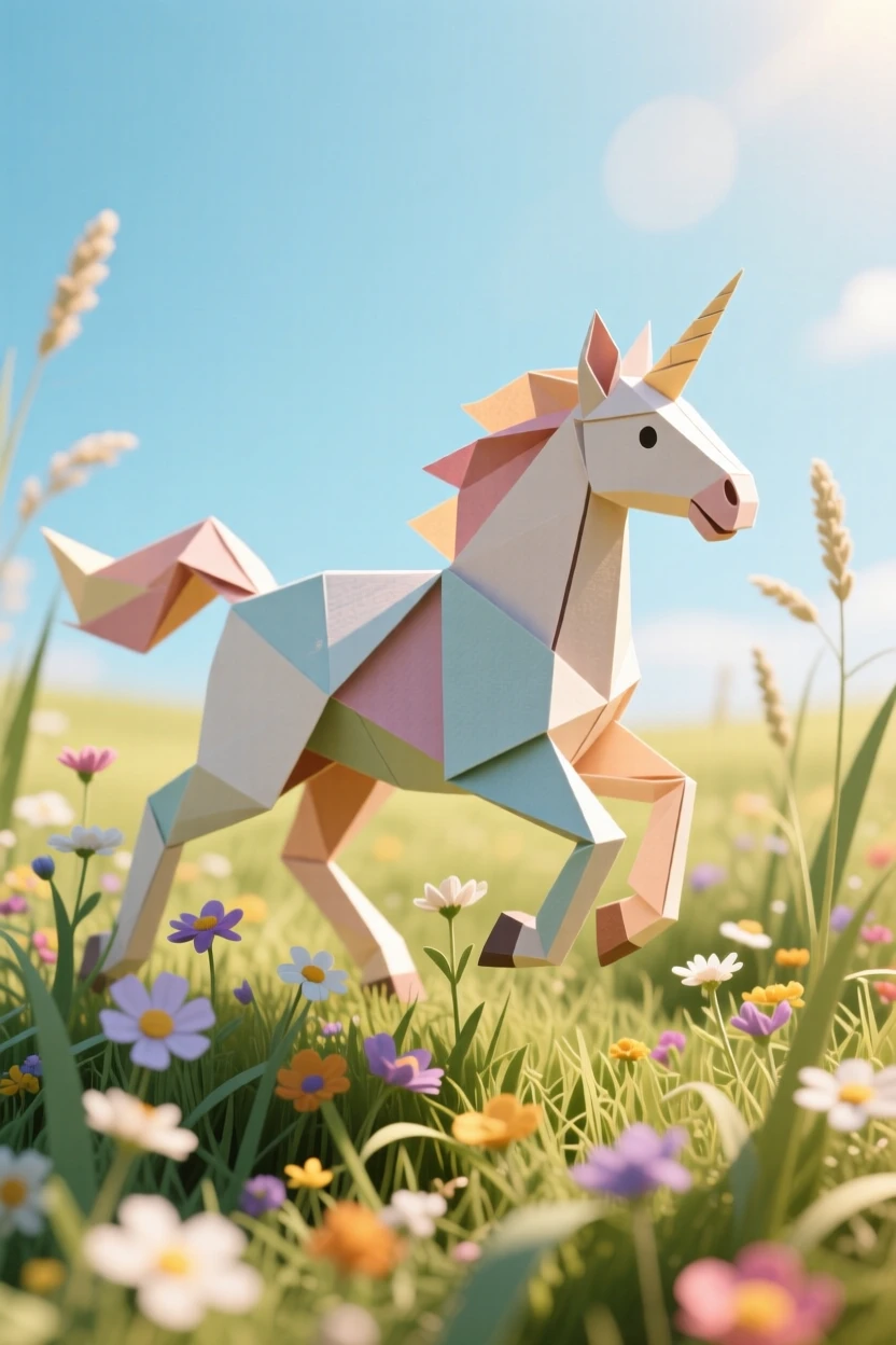 A baby centaur trotting through a sunlit meadow, tail flicking, wildflowers brushing against its legs.