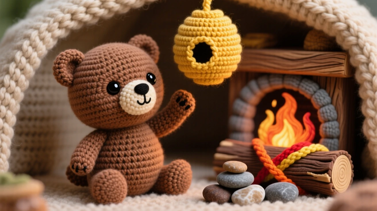 a round baby bear cub with soft brown fur and a stubby tail is shown reaching up for a beehive with paws outstretched within a cozy nook beside a crackling fireplace, accompanied by a few pebbles stacked in a small pile, capturing warm affection and comfortable belonging.