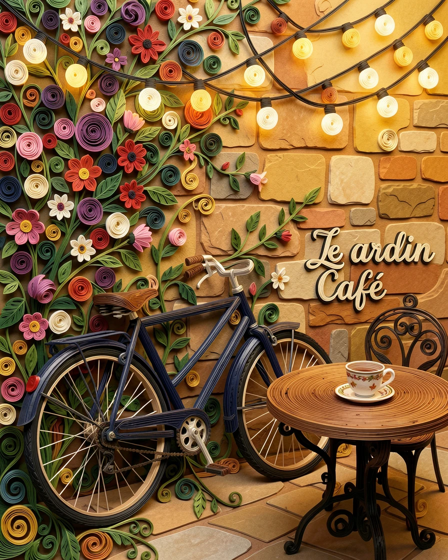A cozy still life of a bicycle leaning against a flower-covered wall at an outdoor café table with string lights above, with soft golden light highlighting every texture, arranged with rustic textures adding warmth.