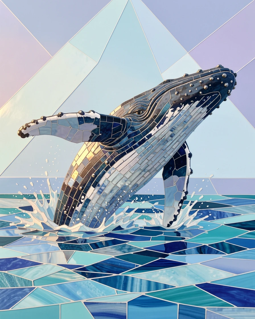 A humpback whale breaching the surface of the open ocean, captured in soft natural light with a shallow depth of field.